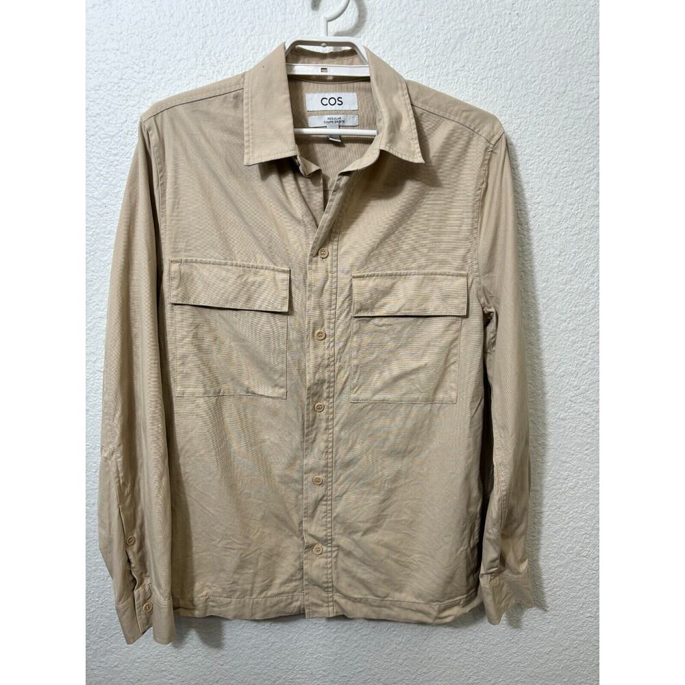 COS Shacket Shirt Mens Small Beige Button Up Long Sleeve Cotton Pockets‎